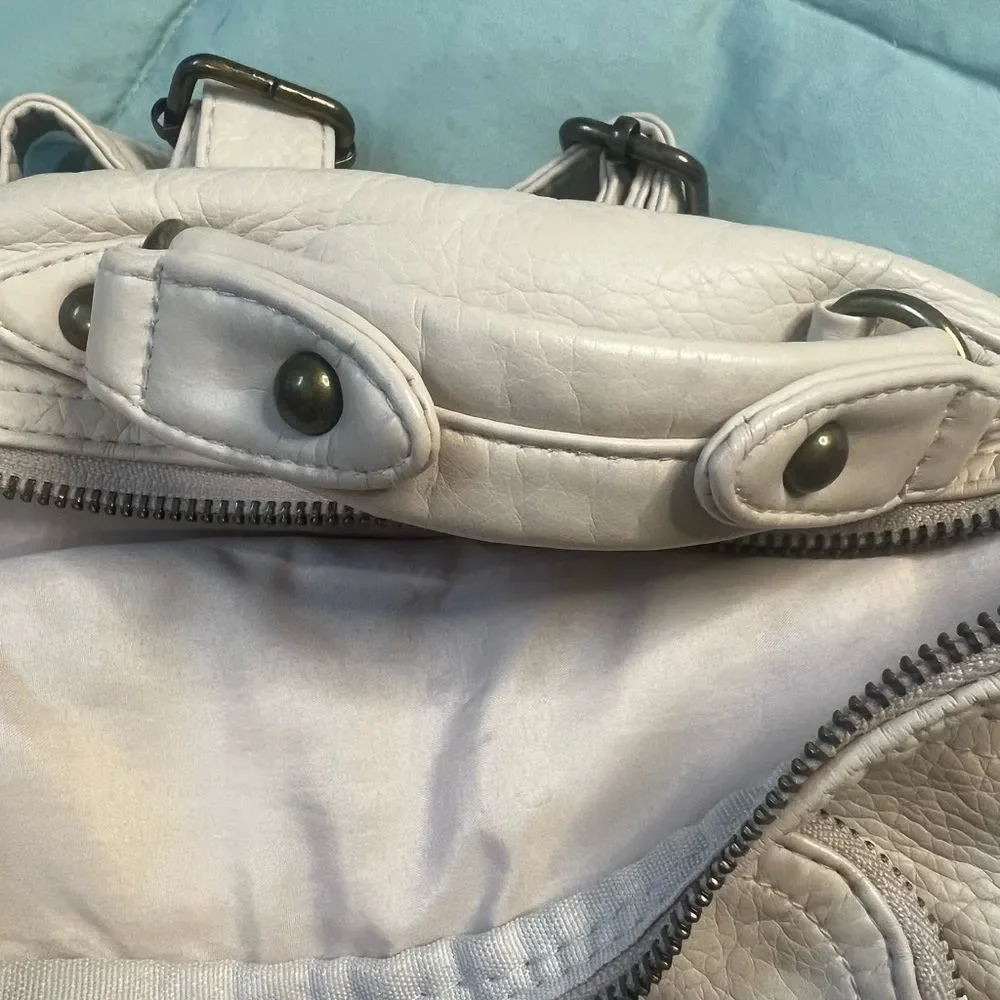 Cream Faux Leather Mini Backpack Pom Pom Charm Boho Casual Daypack Beige